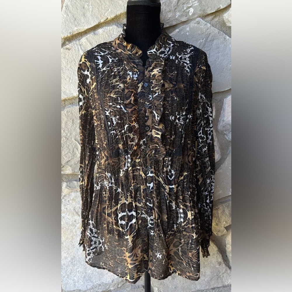 LANE BRYANT Tunic Blouse 18 20 Brown Animal‎ Print Crinkle Pleated Fabric Button